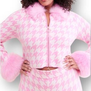 Show Me Your MuMu 3X Pink Houndstooth Faux Fur Zip Jacket Barbiecore Coquette